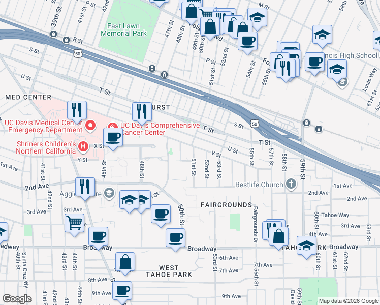 map of restaurants, bars, coffee shops, grocery stores, and more near 2216 51st Street in Sacramento