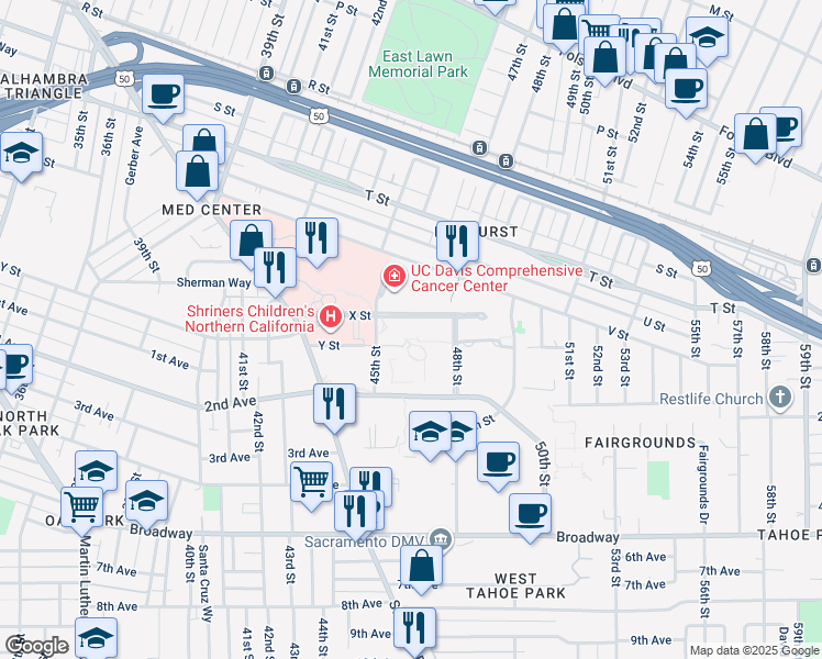 map of restaurants, bars, coffee shops, grocery stores, and more near 4610 X Street in Sacramento