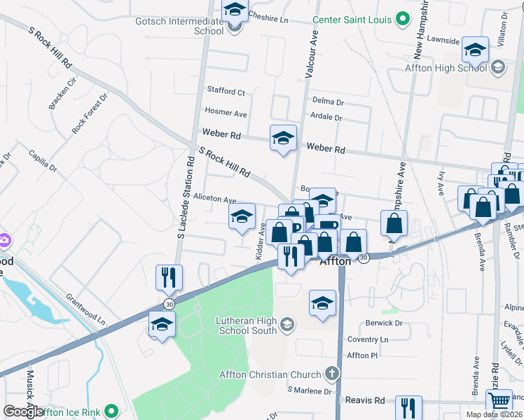 map of restaurants, bars, coffee shops, grocery stores, and more near 7000 Aliceton Avenue in Affton