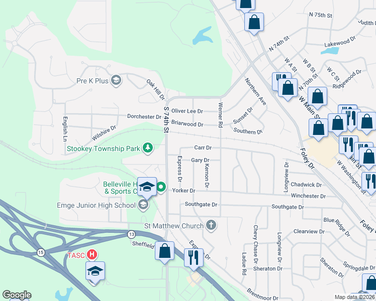 map of restaurants, bars, coffee shops, grocery stores, and more near 7202 Carr Drive in Belleville