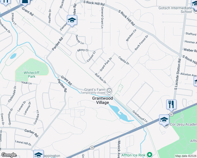 map of restaurants, bars, coffee shops, grocery stores, and more near 7612 Bull Run Drive in St. Louis