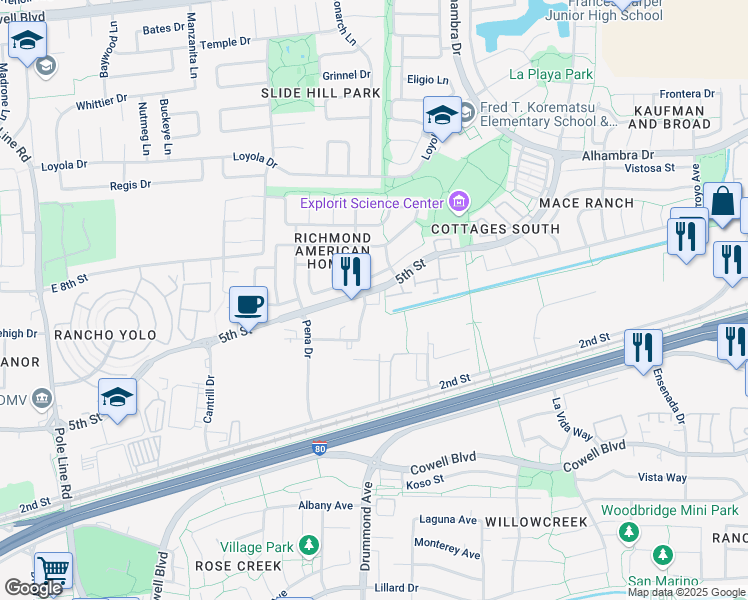 map of restaurants, bars, coffee shops, grocery stores, and more near 2940 Spafford Street in Davis