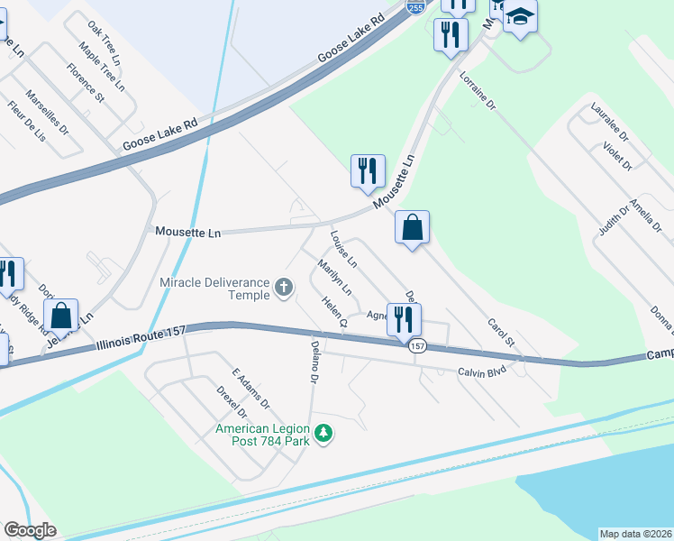 map of restaurants, bars, coffee shops, grocery stores, and more near 26 Marilyn Lane in Cahokia