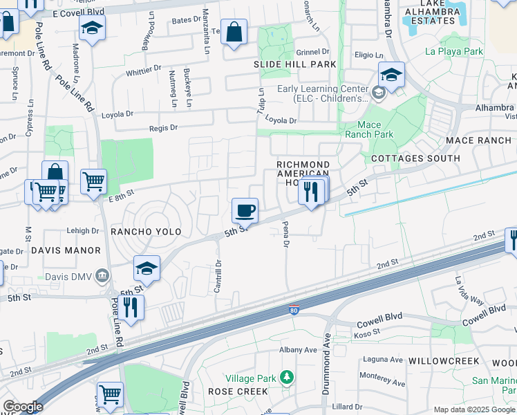 map of restaurants, bars, coffee shops, grocery stores, and more near 2713 Montefrio Lane in Davis