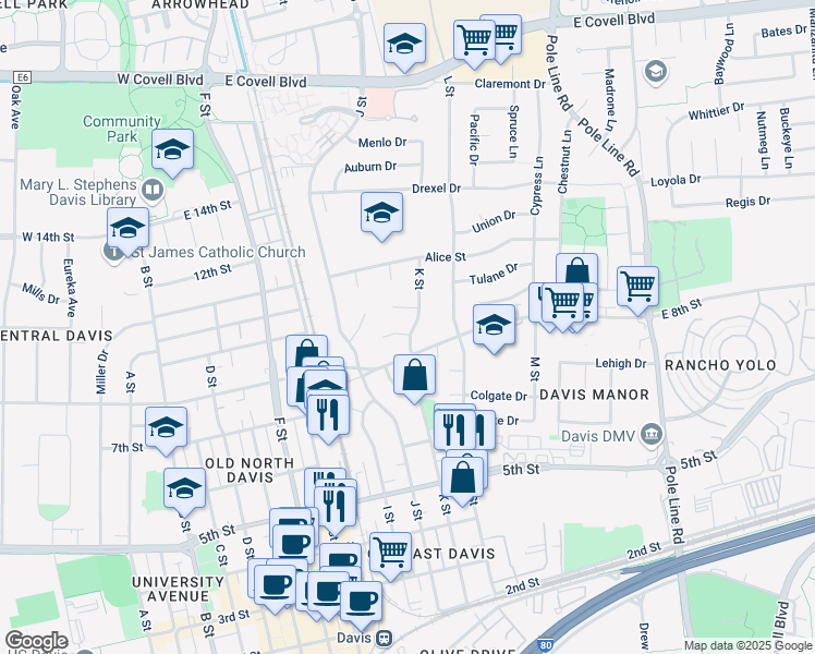 map of restaurants, bars, coffee shops, grocery stores, and more near 817 K Street in Davis