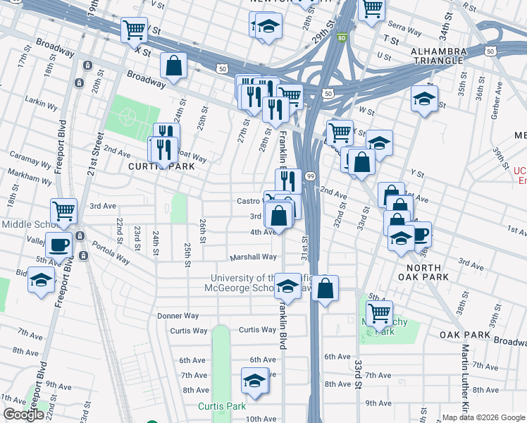 map of restaurants, bars, coffee shops, grocery stores, and more near 2801 3rd Avenue in Sacramento