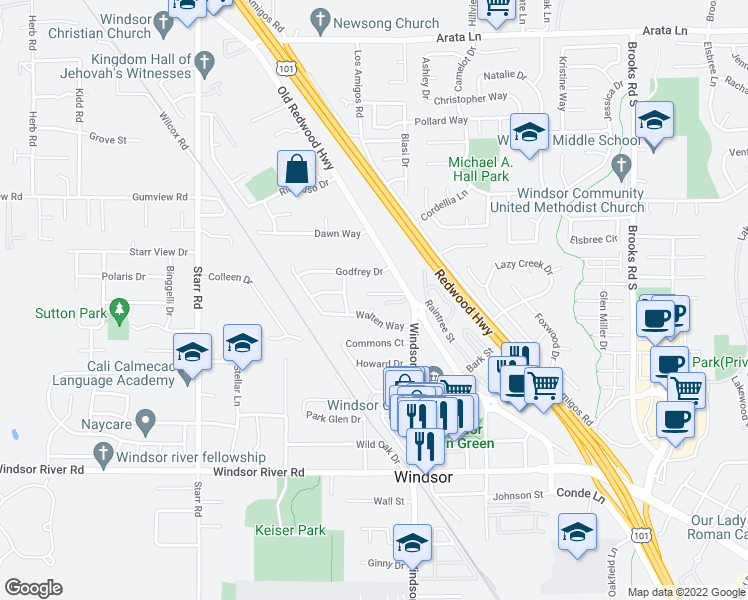 map of restaurants, bars, coffee shops, grocery stores, and more near 109 Duchess Court in Windsor