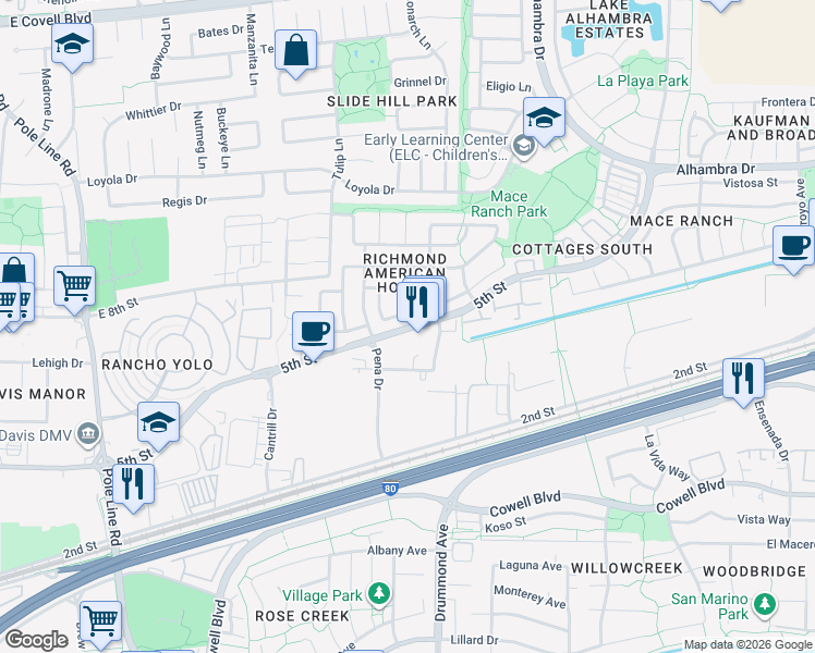 map of restaurants, bars, coffee shops, grocery stores, and more near 2732 5th Street in Davis