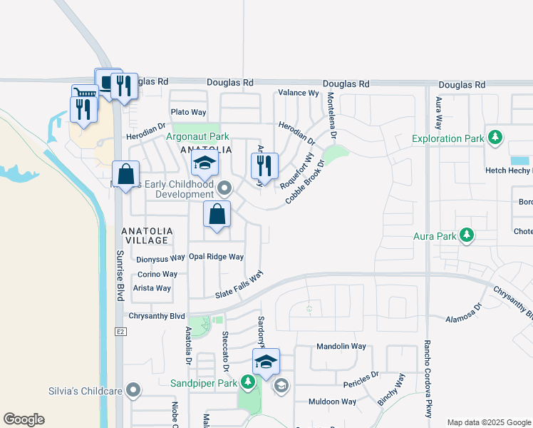 map of restaurants, bars, coffee shops, grocery stores, and more near 11898 Cobble Brook Drive in Rancho Cordova