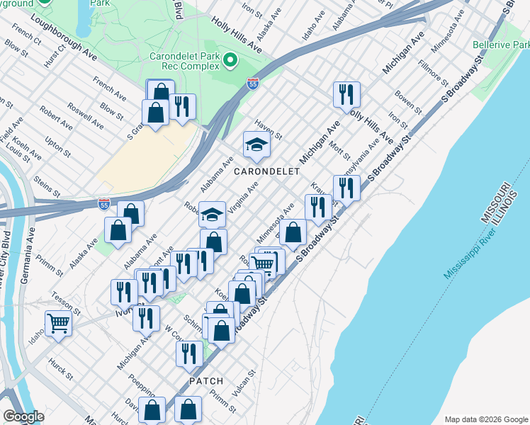 map of restaurants, bars, coffee shops, grocery stores, and more near 7026 Michigan Avenue in St. Louis