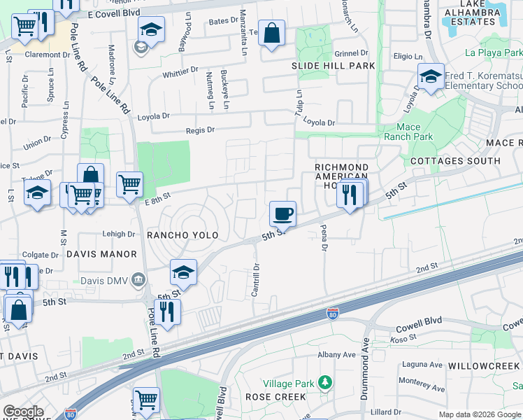 map of restaurants, bars, coffee shops, grocery stores, and more near 2622 Grambling Court in Davis