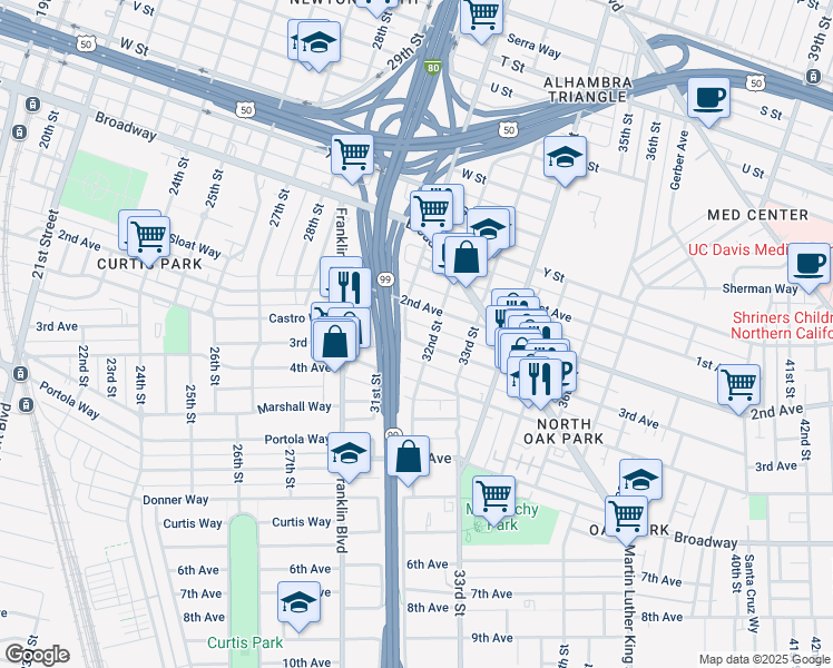 map of restaurants, bars, coffee shops, grocery stores, and more near 3139 3rd Avenue in Sacramento