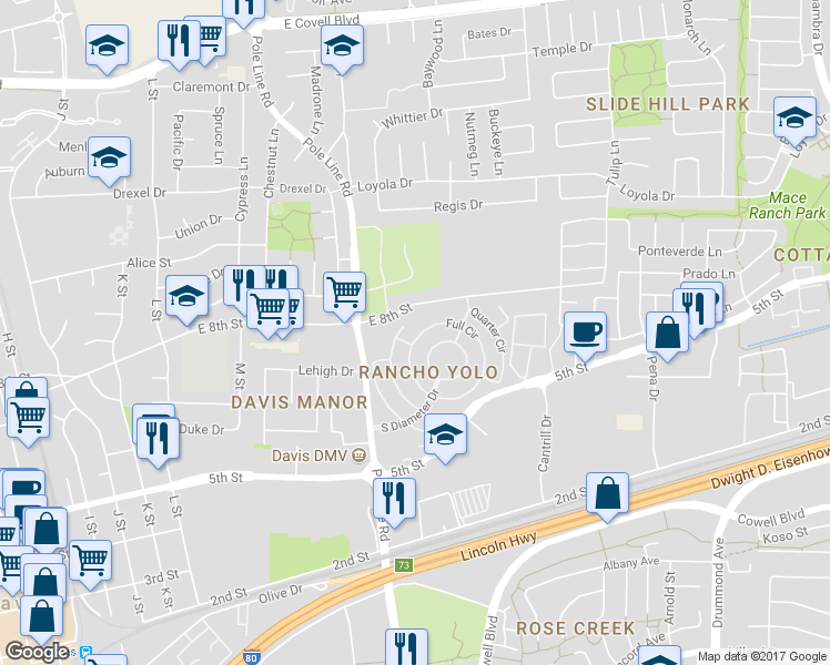 map of restaurants, bars, coffee shops, grocery stores, and more near 231 Full Circle in Davis