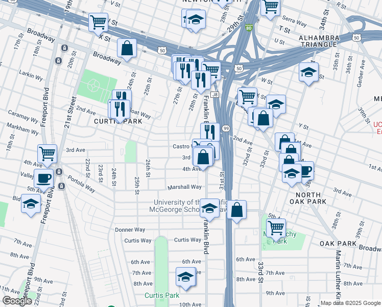 map of restaurants, bars, coffee shops, grocery stores, and more near 2801 3rd Avenue in Sacramento