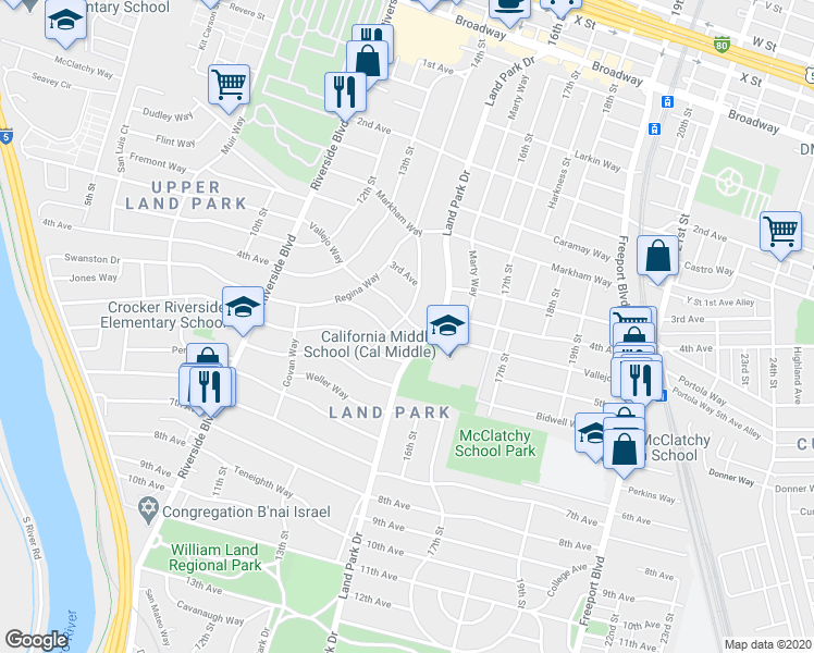 map of restaurants, bars, coffee shops, grocery stores, and more near 2941 14th Street in Sacramento