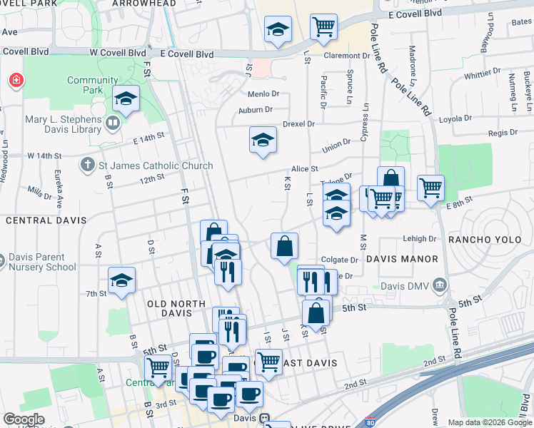 map of restaurants, bars, coffee shops, grocery stores, and more near 817 K Street in Davis