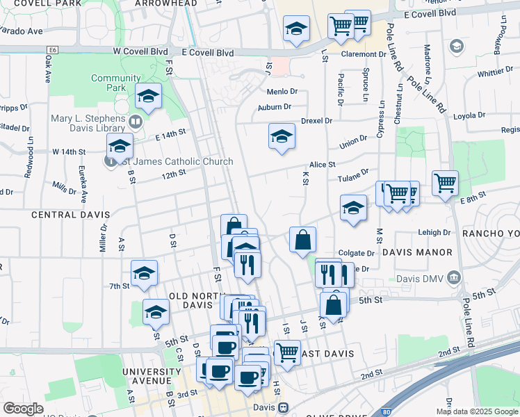 map of restaurants, bars, coffee shops, grocery stores, and more near 1016 Columbia Place in Davis