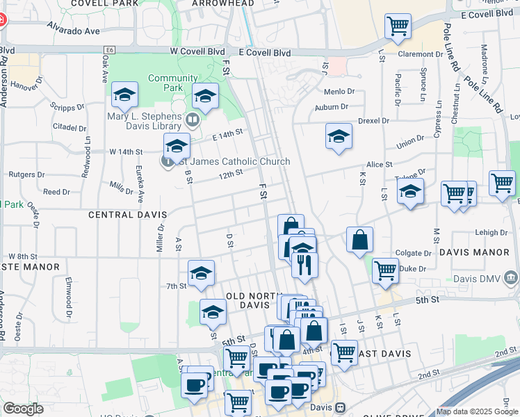 map of restaurants, bars, coffee shops, grocery stores, and more near 979 F Street in Davis