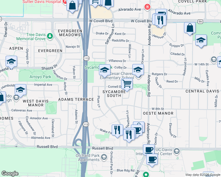 map of restaurants, bars, coffee shops, grocery stores, and more near 1208 Cornell Drive in Davis