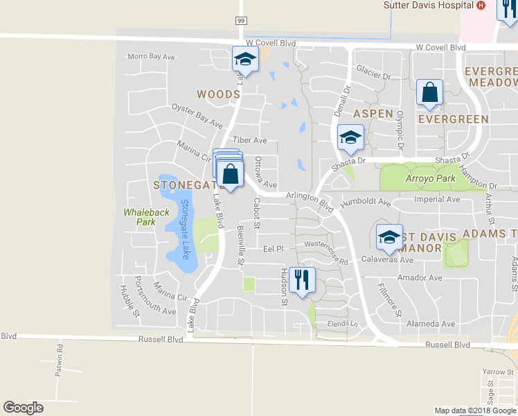 map of restaurants, bars, coffee shops, grocery stores, and more near 2760 Hatteras Place in Davis