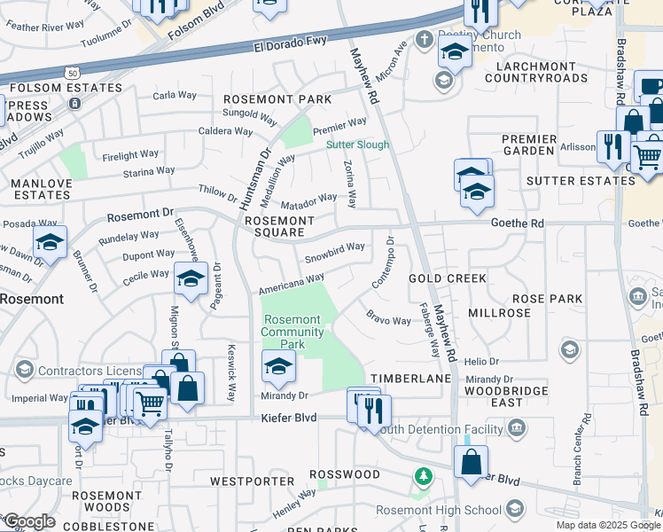 map of restaurants, bars, coffee shops, grocery stores, and more near 9367 Americana Way in Sacramento