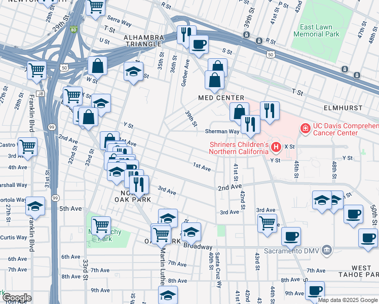 map of restaurants, bars, coffee shops, grocery stores, and more near 2520 39th Street in Sacramento