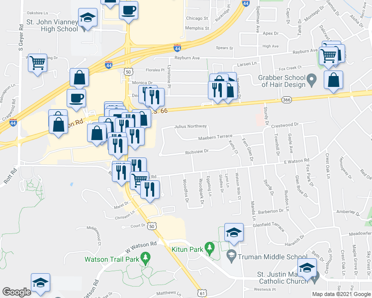map of restaurants, bars, coffee shops, grocery stores, and more near 10307 Richview Drive in St. Louis