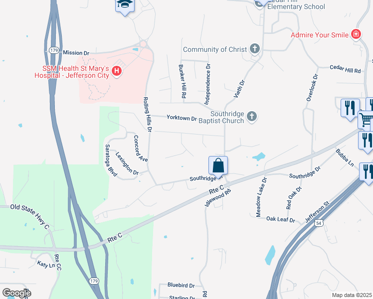 map of restaurants, bars, coffee shops, grocery stores, and more near 1943 Bunker Hill Road in Jefferson City