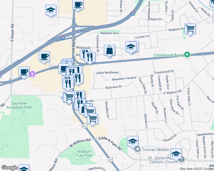 map of restaurants, bars, coffee shops, grocery stores, and more near 10307 Richview Drive in St. Louis