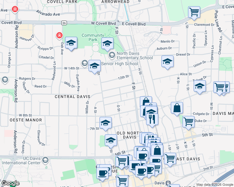 map of restaurants, bars, coffee shops, grocery stores, and more near 421 10th Street in Davis