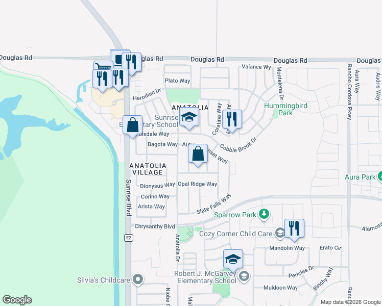 map of restaurants, bars, coffee shops, grocery stores, and more near 11821 Stone Hollow Way in Rancho Cordova