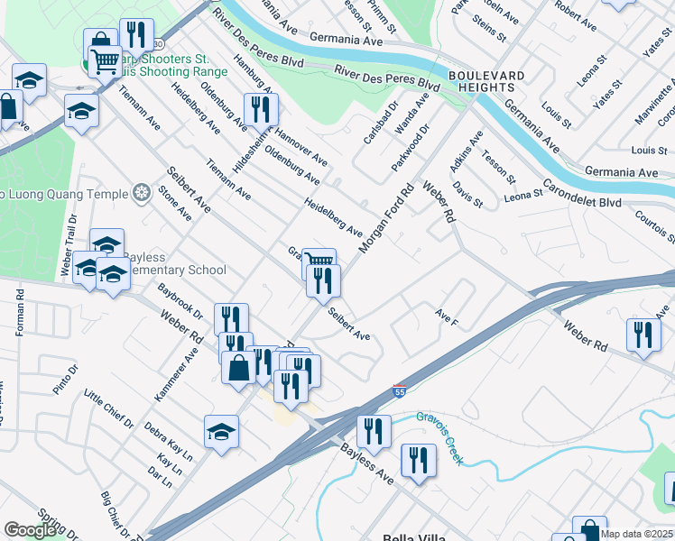 map of restaurants, bars, coffee shops, grocery stores, and more near 8409 Morgan Ford Road in Saint Louis