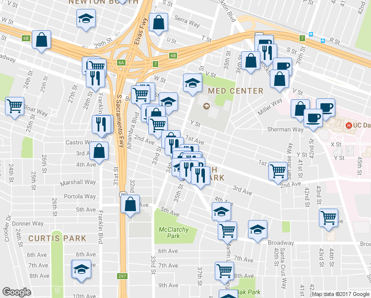 map of restaurants, bars, coffee shops, grocery stores, and more near 3439 2nd Avenue in Sacramento