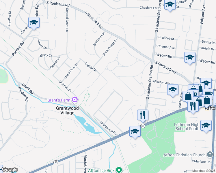 map of restaurants, bars, coffee shops, grocery stores, and more near 37 Grantwood Lane in St. Louis