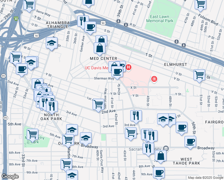 map of restaurants, bars, coffee shops, grocery stores, and more near 3425 Martin Luther King Junior Boulevard in Sacramento