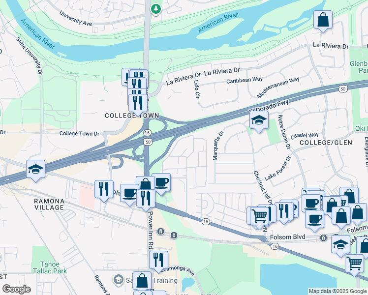 map of restaurants, bars, coffee shops, grocery stores, and more near 200 Bicentennial Circle in Sacramento
