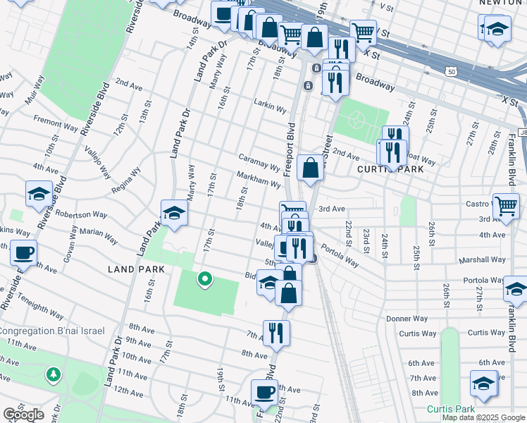 map of restaurants, bars, coffee shops, grocery stores, and more near 2801 19th Street in Sacramento