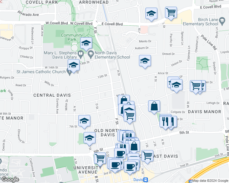 map of restaurants, bars, coffee shops, grocery stores, and more near 803 9th Street in Davis