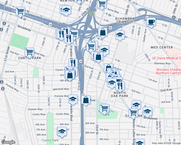 map of restaurants, bars, coffee shops, grocery stores, and more near 2732 32nd Street in Sacramento