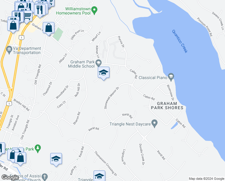 map of restaurants, bars, coffee shops, grocery stores, and more near 3731 Stonewall Manor Drive in Triangle