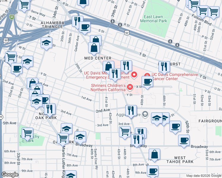 map of restaurants, bars, coffee shops, grocery stores, and more near 2424 42nd Street in Sacramento