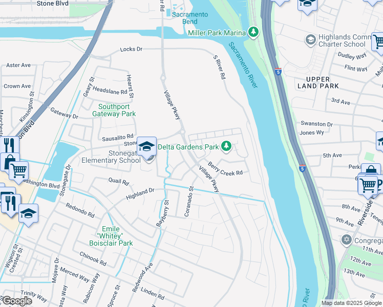 map of restaurants, bars, coffee shops, grocery stores, and more near Village Parkway in West Sacramento