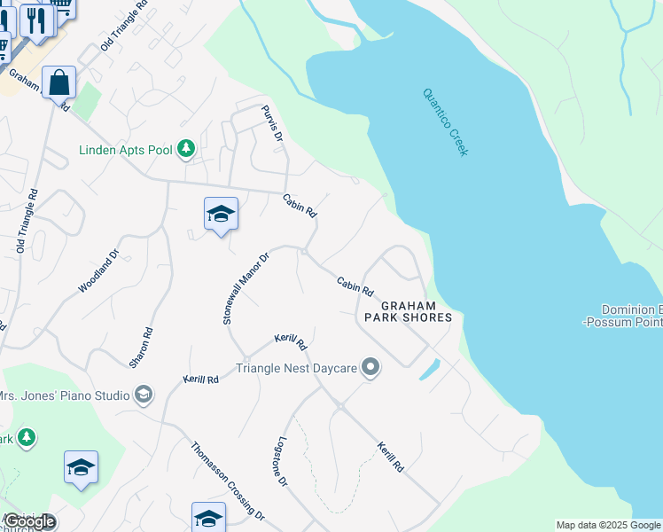 map of restaurants, bars, coffee shops, grocery stores, and more near 18319 Cabin Road in Triangle