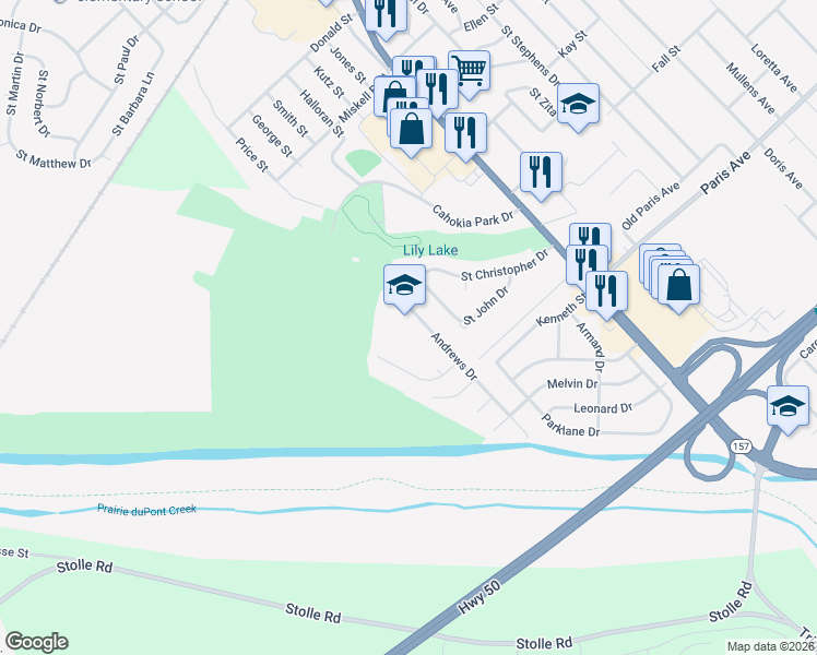 map of restaurants, bars, coffee shops, grocery stores, and more near 1500 Andrews Drive in Cahokia
