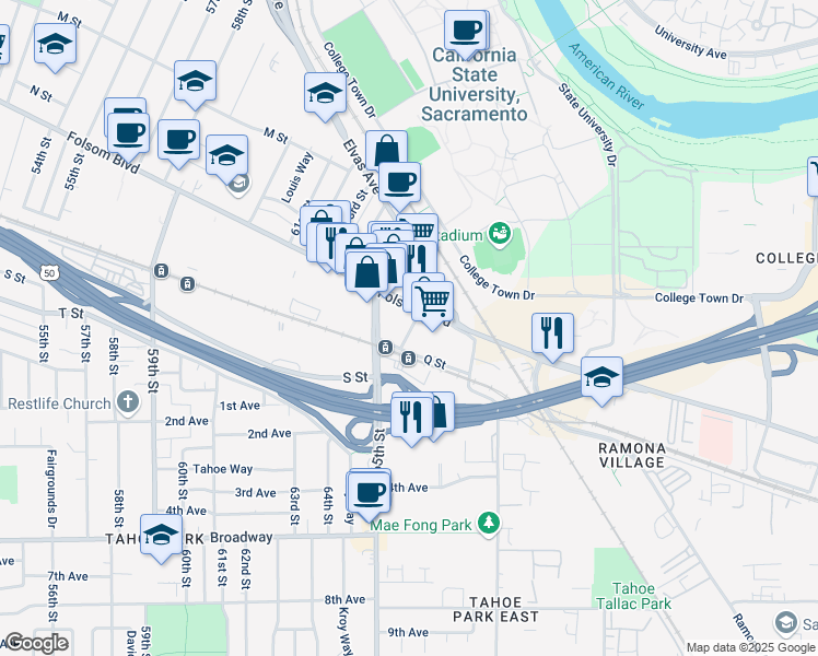map of restaurants, bars, coffee shops, grocery stores, and more near 1500 67th Street in Sacramento