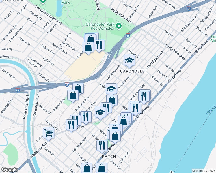 map of restaurants, bars, coffee shops, grocery stores, and more near 7151 Vermont Avenue in St. Louis