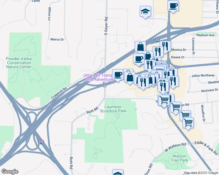 map of restaurants, bars, coffee shops, grocery stores, and more near 3636 South Geyer Road in St. Louis