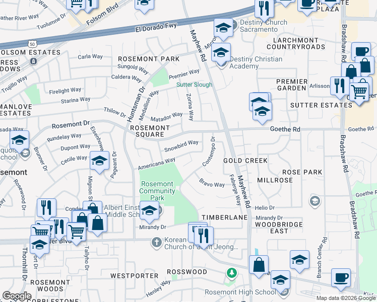 map of restaurants, bars, coffee shops, grocery stores, and more near 9367 Americana Way in Sacramento