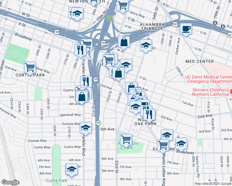map of restaurants, bars, coffee shops, grocery stores, and more near 3222 2nd Avenue in Sacramento