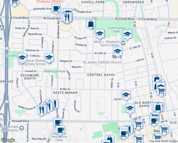 map of restaurants, bars, coffee shops, grocery stores, and more near 401 Antioch Drive in Davis